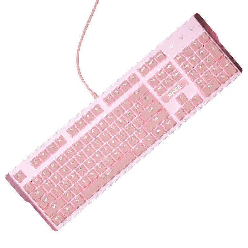 Pink mechanical keyboard and wired mouse gaming set with green switches and USB cables