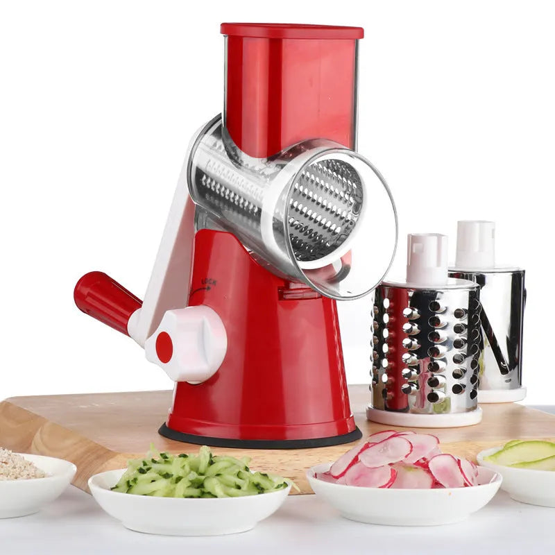 Blue kitchen vegetable chopper with suction cup base for slicing grating and shredding