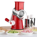 Blue kitchen vegetable chopper with suction cup base for slicing grating and shredding