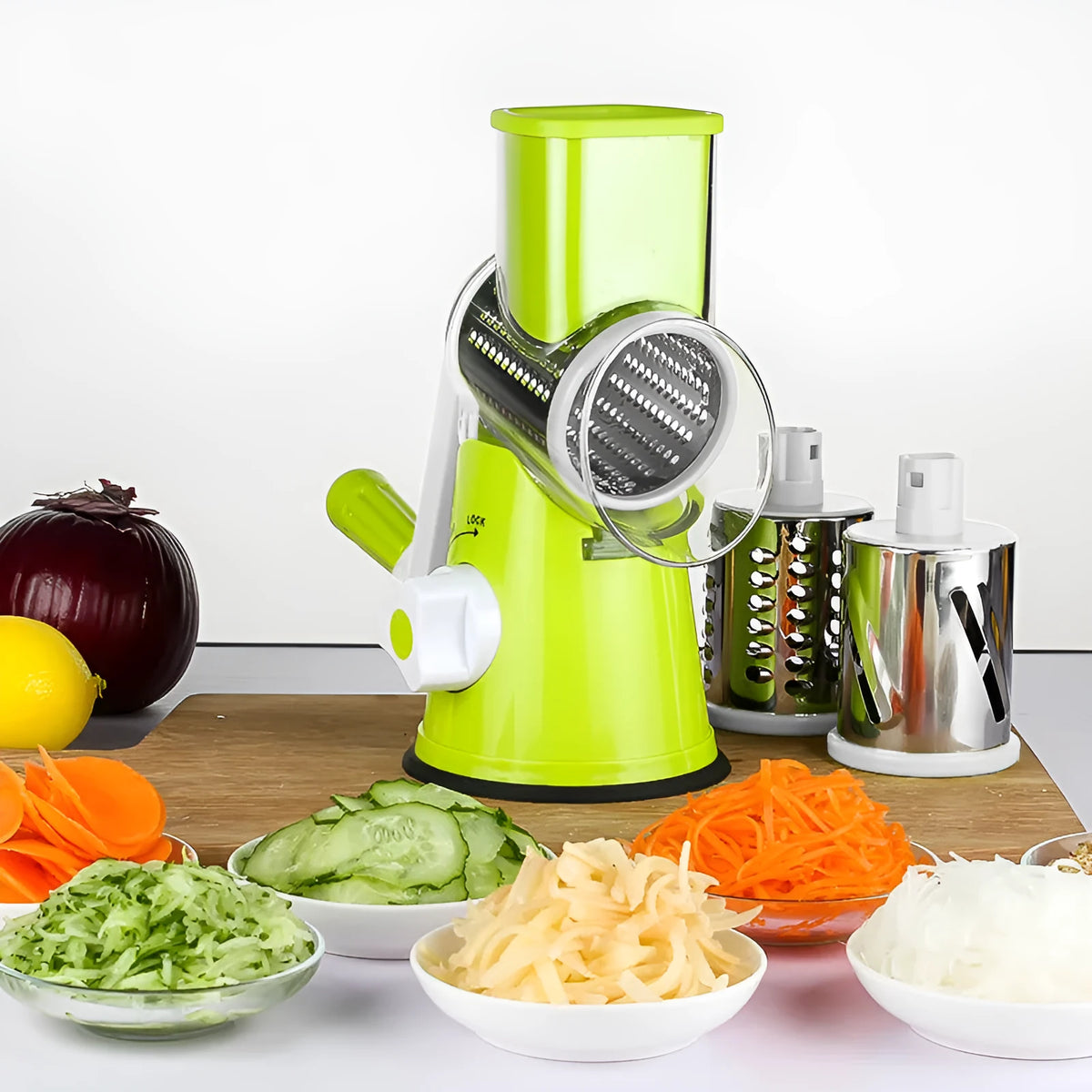 Blue kitchen vegetable chopper with suction cup base for slicing grating and shredding