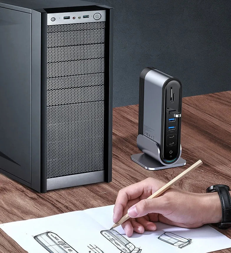 Deep space gray 16-in-1 Type-C docking station with multiple ports and external power supply