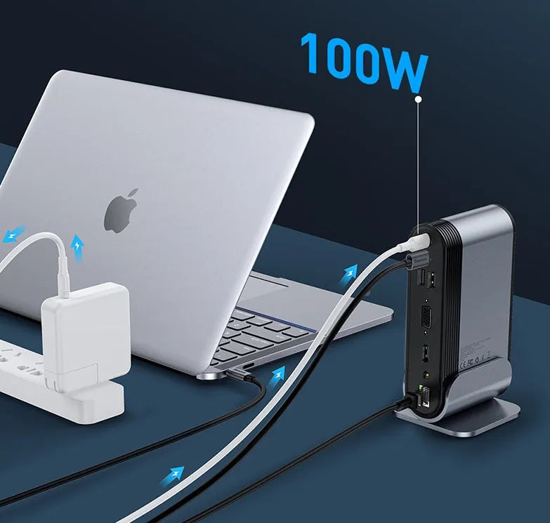 Deep space gray 16-in-1 Type-C docking station with multiple ports and external power supply