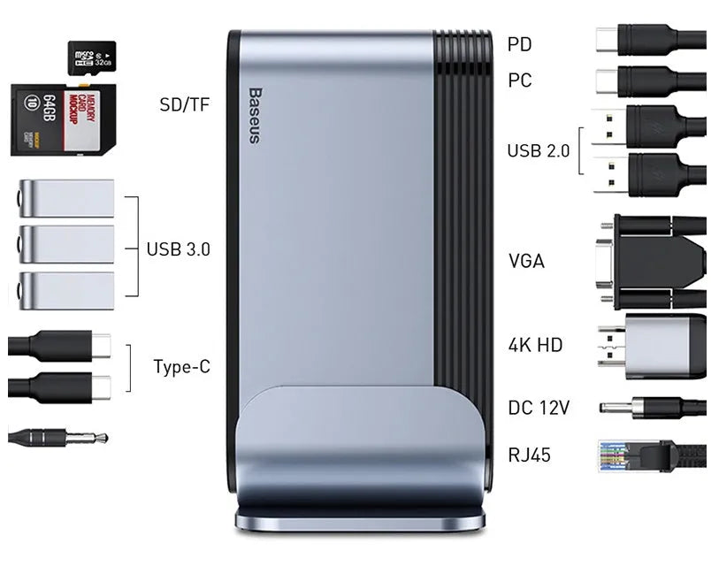 Deep space gray 16-in-1 Type-C docking station with multiple ports and external power supply