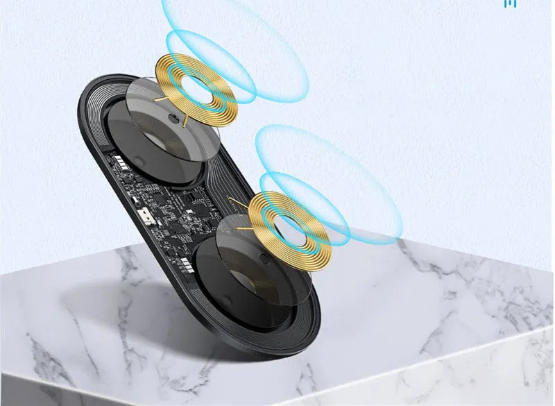 Baseus Minimalist 2-in-1 Wireless Charger Pro in black, charging an iPhone and AirPods.