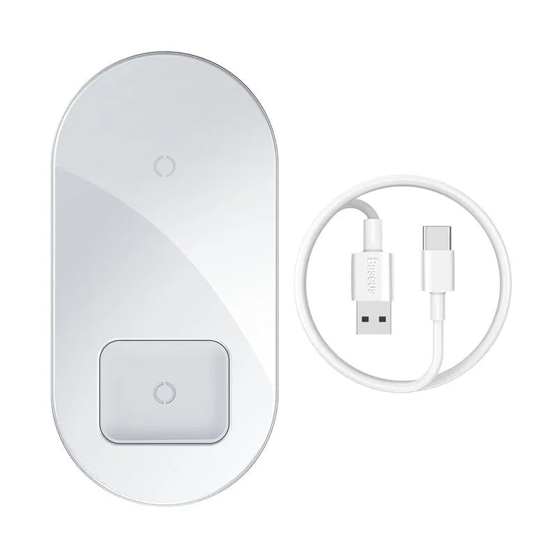 Baseus Minimalist 2-in-1 Wireless Charger Pro in black, charging an iPhone and AirPods.