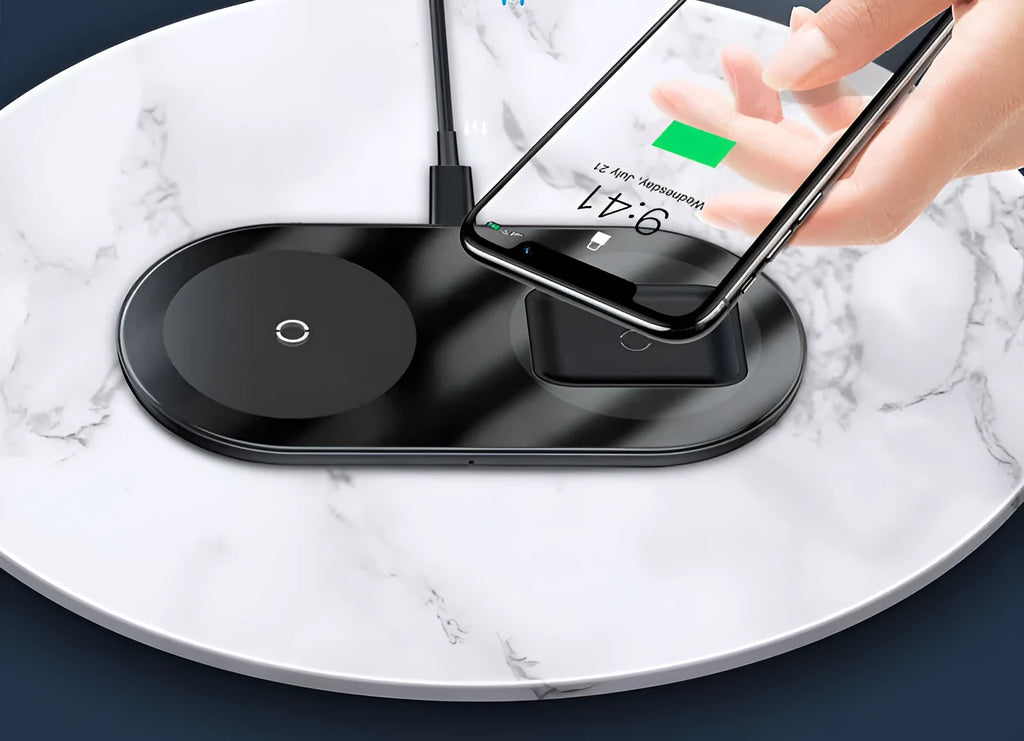 Baseus Minimalist 2-in-1 Wireless Charger Pro in black, charging an iPhone and AirPods.