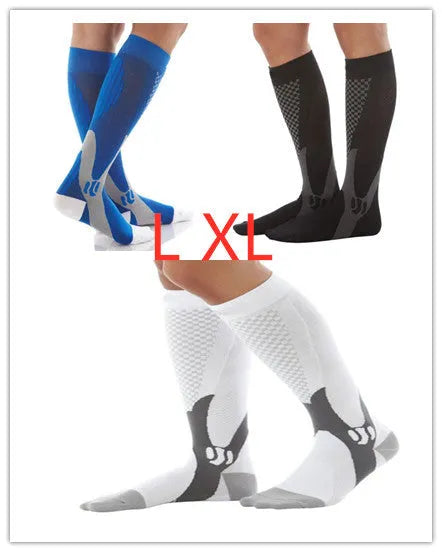 A pair of graduated compression socks for men and women in an athletic style, shown in a colour option like black or blue.