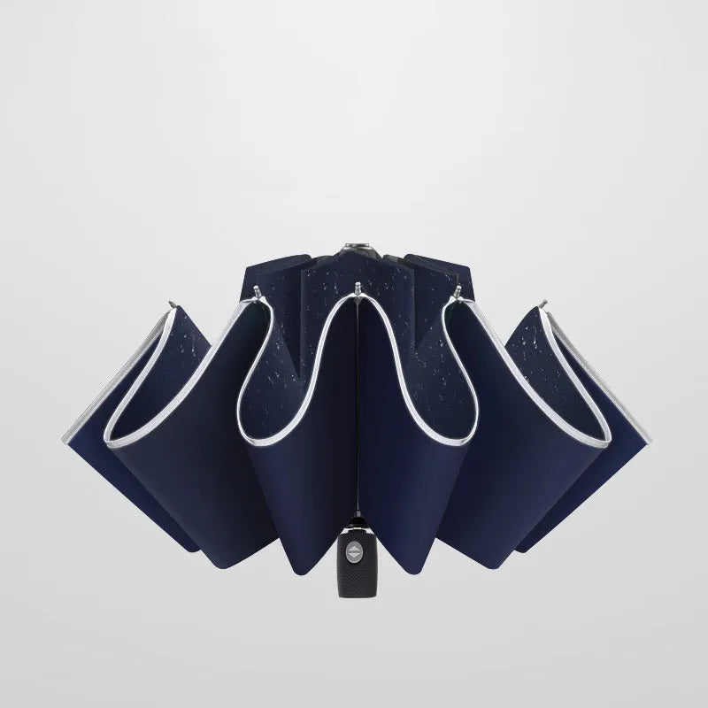 Automatic reverse folding umbrella with 58 cm diameter canopy in black colour showing folded and extended positions