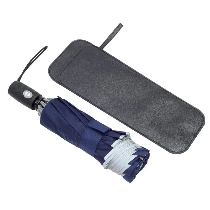 Automatic reverse folding umbrella with 58 cm diameter canopy in black colour showing folded and extended positions
