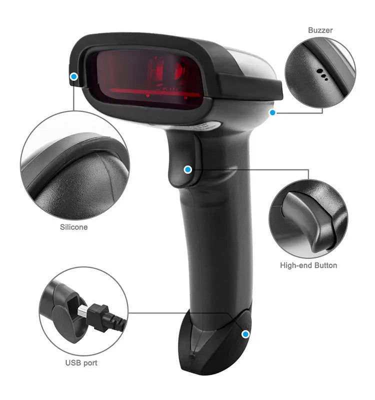 Black wireless handheld laser barcode scanner with USB cable