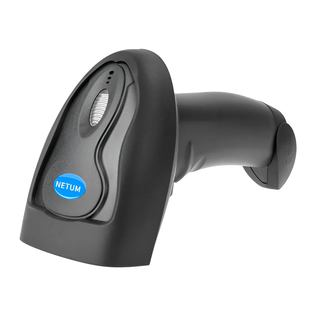 Black wireless handheld laser barcode scanner with USB cable