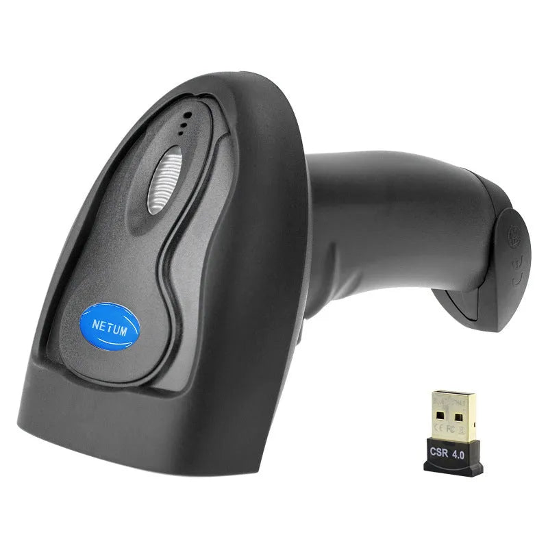 Black wireless handheld laser barcode scanner with USB cable