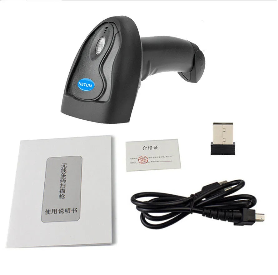 Black wireless handheld laser barcode scanner with USB cable