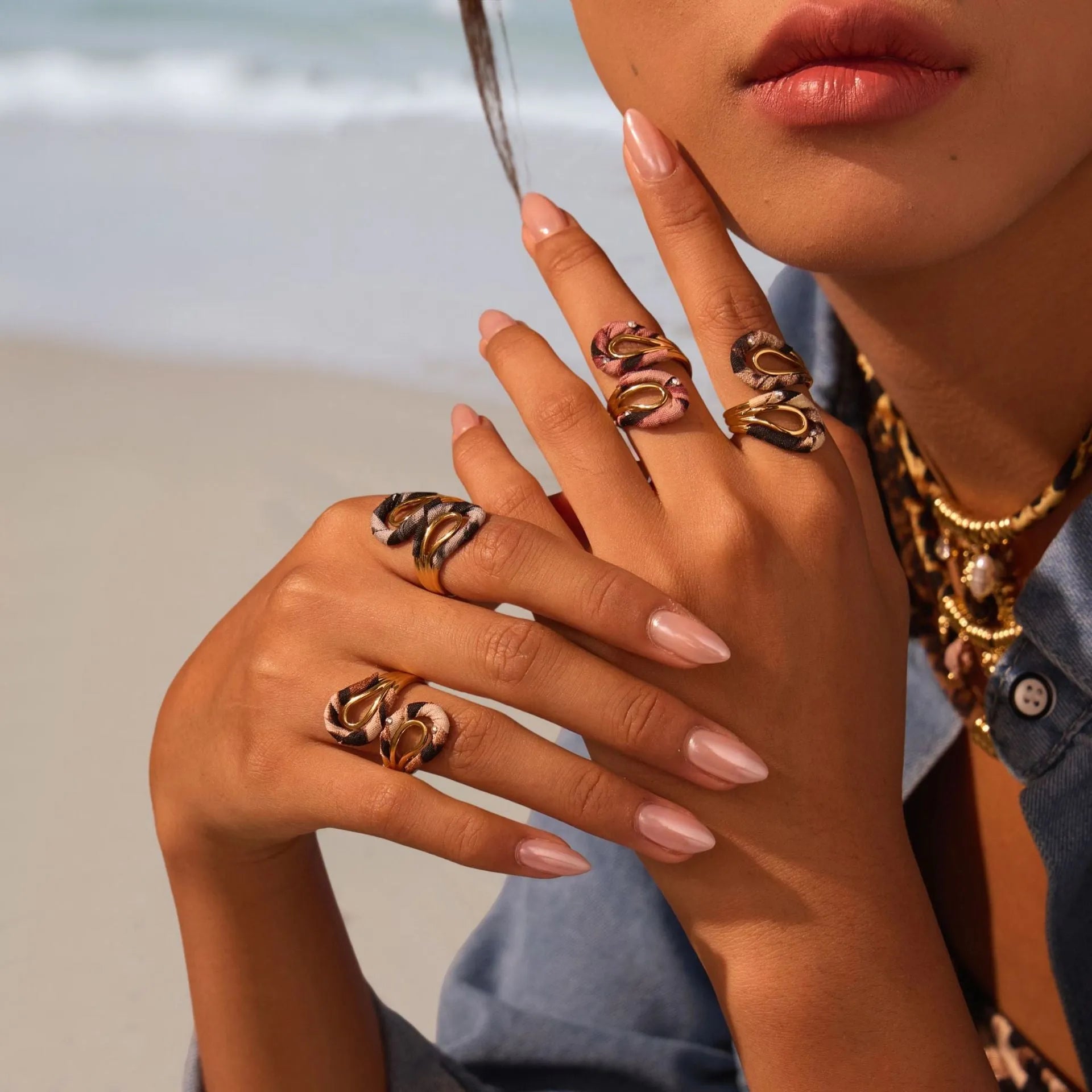 Leopard series stainless steel open mouth ring with heart and star geometric designs