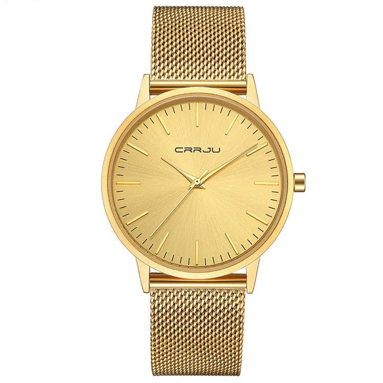 Casual quartz watch with alloy case and mesh or leather strap options in black and gold colours