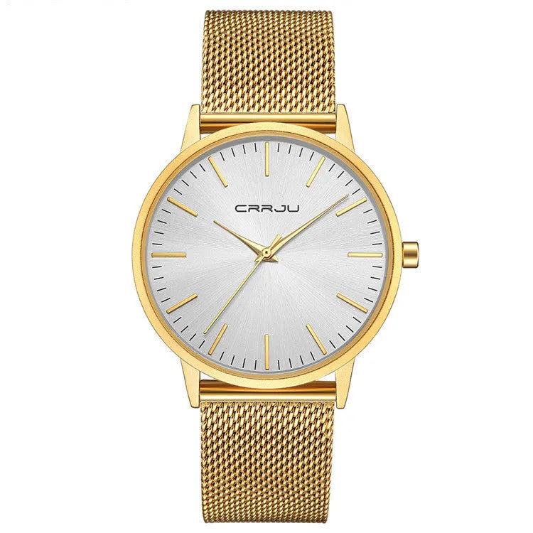 Casual quartz watch with alloy case and mesh or leather strap options in black and gold colours