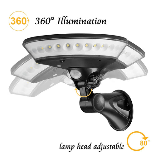 360-degree solar garden light with motion sensor and IP65 waterproof rating for outdoor pathway illumination