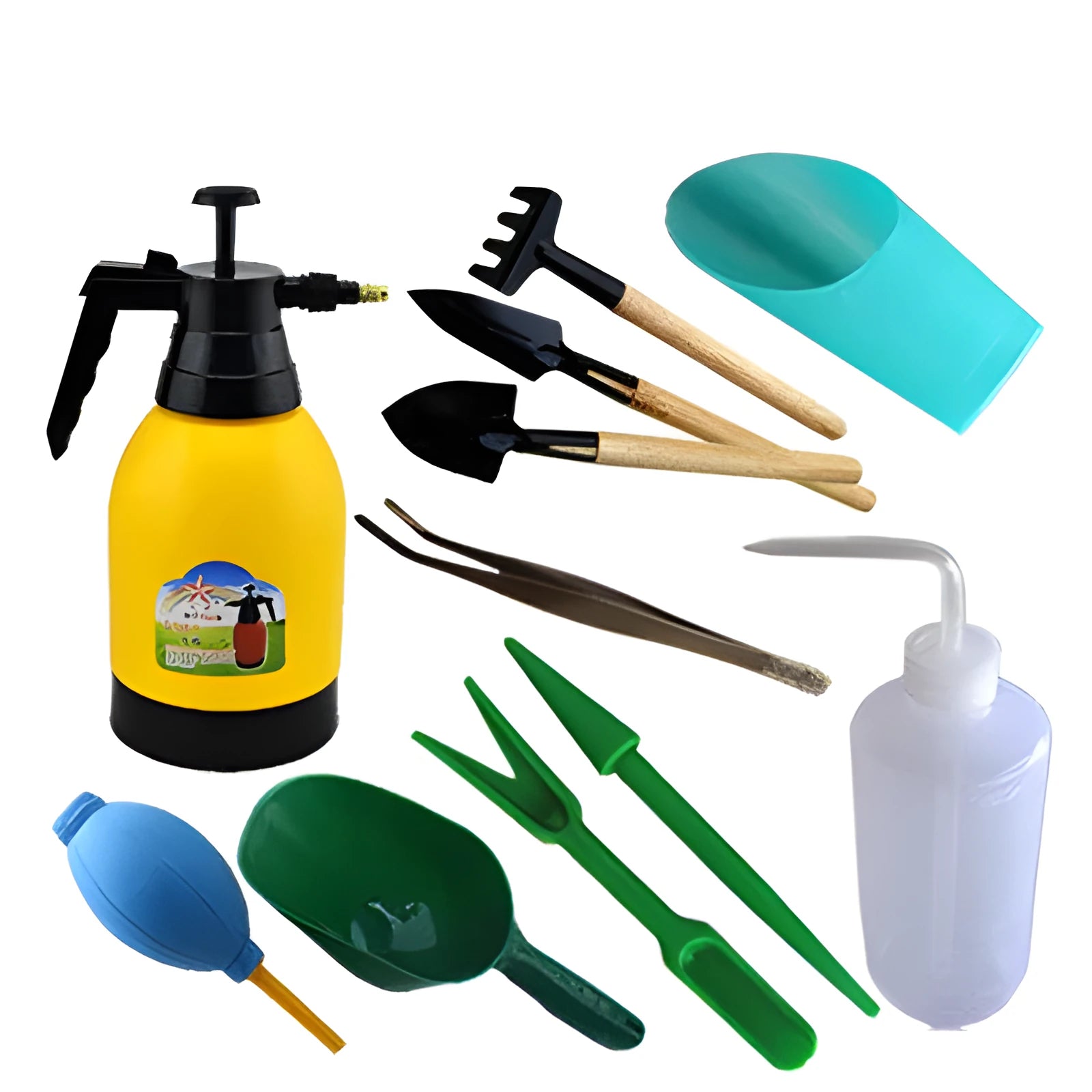 Succulent gardening tools set with 15 planting accessories including tweezers, spray bottle, and mini tools