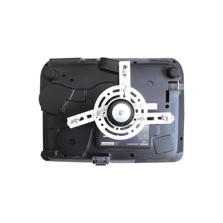 Electric ceiling-mount projector lifting hanger with ultra-thin chassis and wireless remote control on a white background.