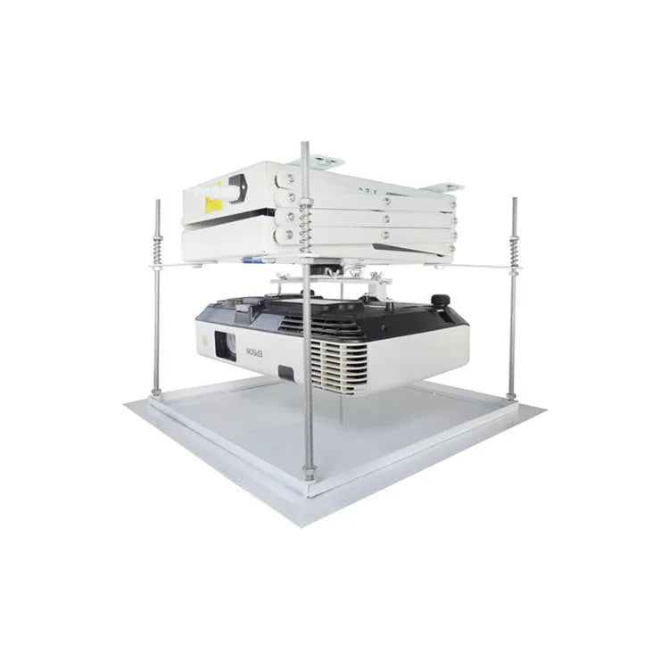 Electric ceiling-mount projector lifting hanger with ultra-thin chassis and wireless remote control on a white background.