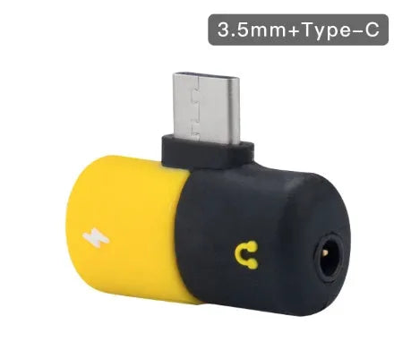 Blue and yellow 2-in-1 charging and audio adapter for Huawei and Honor phones, showing 30mm by 12mm size.
