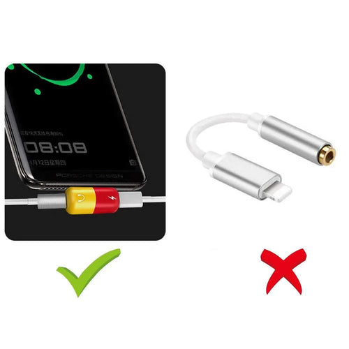 Blue and yellow 2-in-1 charging and audio adapter for Huawei and Honor phones, showing 30mm by 12mm size.