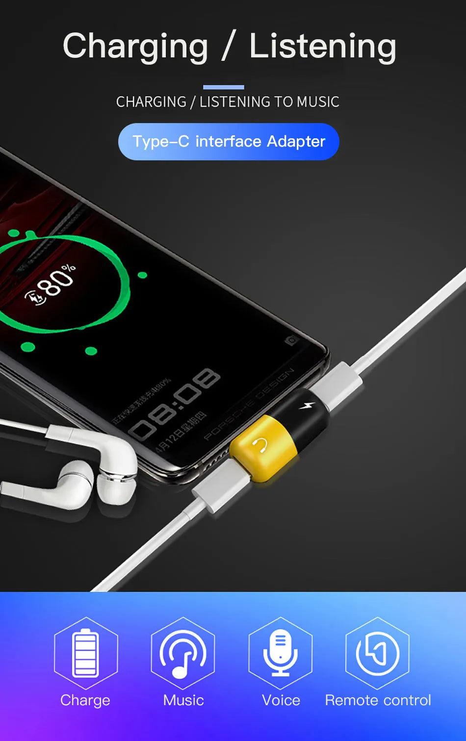 Blue and yellow 2-in-1 charging and audio adapter for Huawei and Honor phones, showing 30mm by 12mm size.