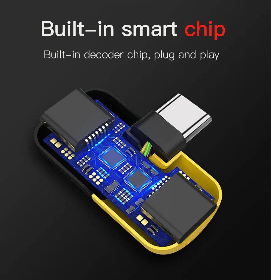 Blue and yellow 2-in-1 charging and audio adapter for Huawei and Honor phones, showing 30mm by 12mm size.