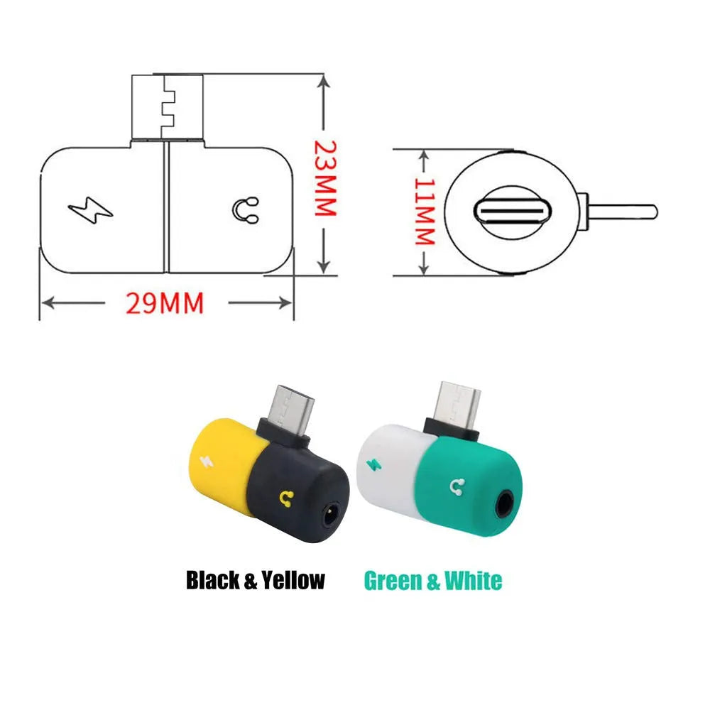 Blue and yellow 2-in-1 charging and audio adapter for Huawei and Honor phones, showing 30mm by 12mm size.