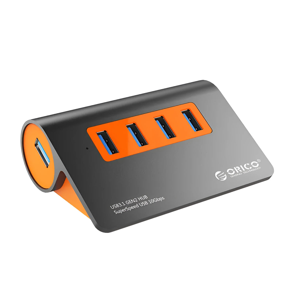 Dark grey and orange aluminium USB 3.1 laptop hub with four ports, separate cable, and power adapter
