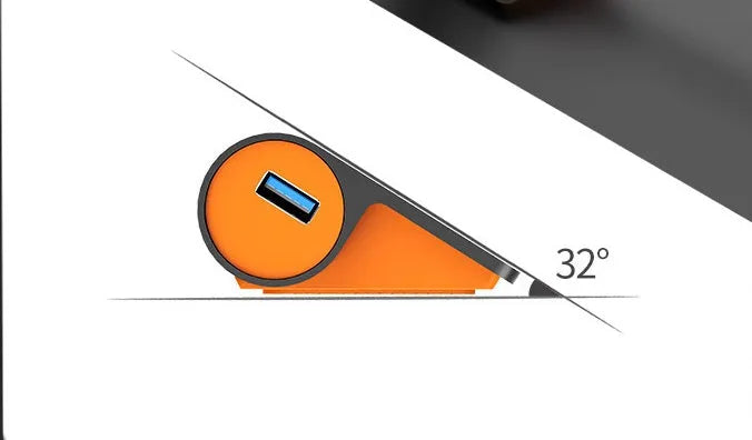 Dark grey and orange aluminium USB 3.1 laptop hub with four ports, separate cable, and power adapter