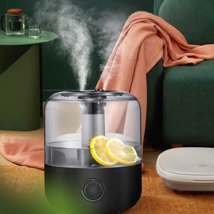 Black and white 3-litre humidifier with mechanical controls measuring 183x183x233mm