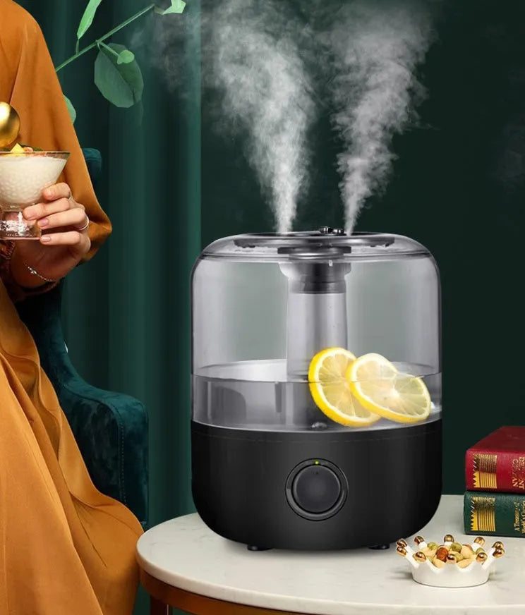 Black and white 3-litre humidifier with mechanical controls measuring 183x183x233mm