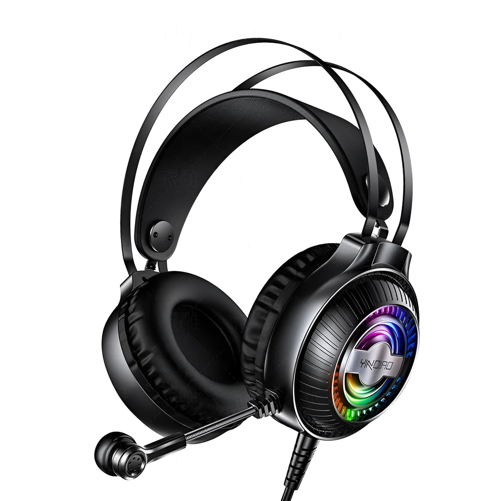 Wired PC gaming headset with microphone, 50mm drivers, and black protein earmuffs