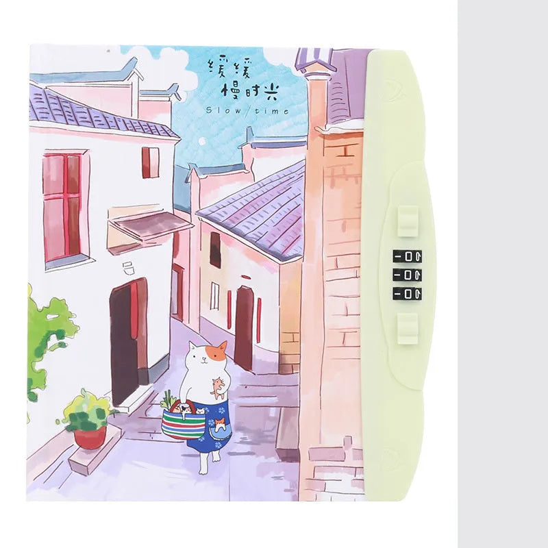 Children's lockable diary notebook with colourful cartoon cover, wire-o binding, and a small padlock.