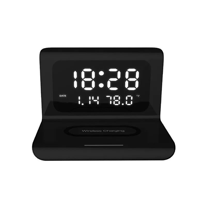 White wireless charger alarm clock showing time, date, temperature and humidity on display