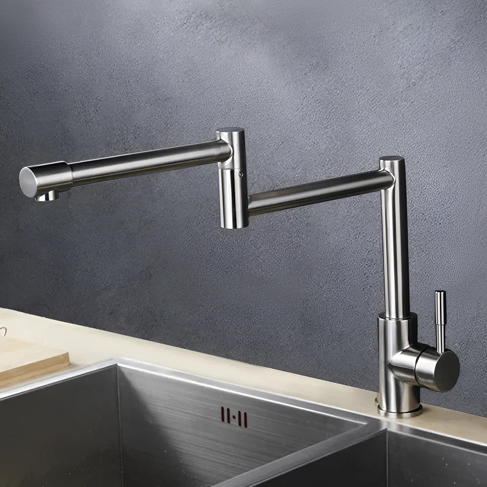Silver stainless steel duplex mixing tap with 360-degree rotating design and lift-type handles