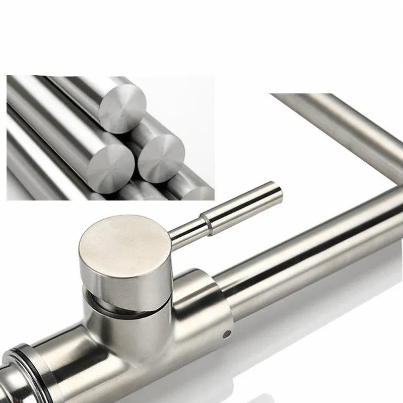 Silver stainless steel duplex mixing tap with 360-degree rotating design and lift-type handles