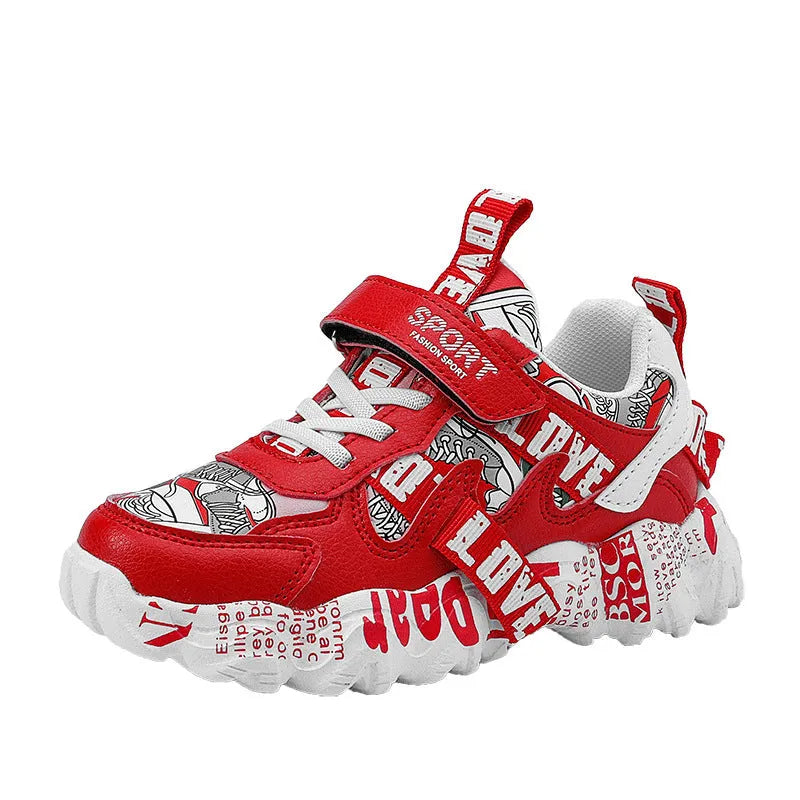 Boys spring sports sneakers with velcro strap and rubber sole in beige blue, white red, or bright red