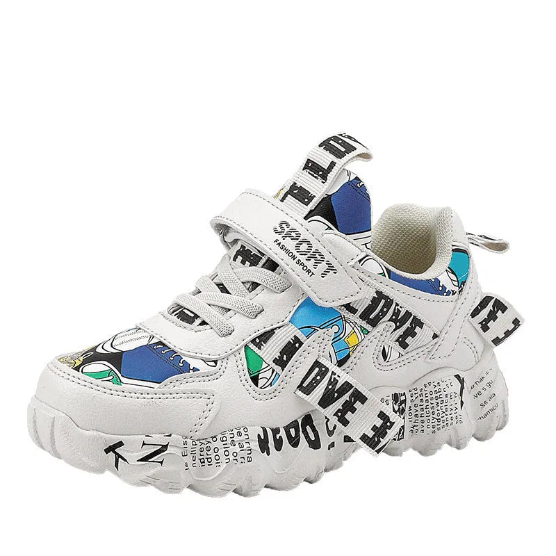 Boys spring sports sneakers with velcro strap and rubber sole in beige blue, white red, or bright red