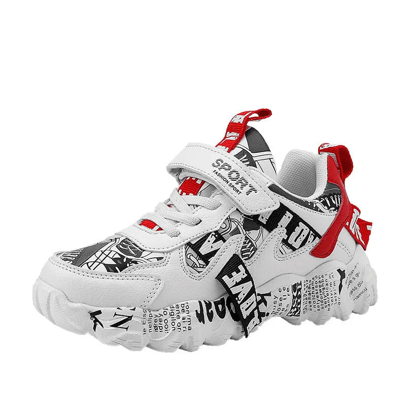 Boys spring sports sneakers with velcro strap and rubber sole in beige blue, white red, or bright red