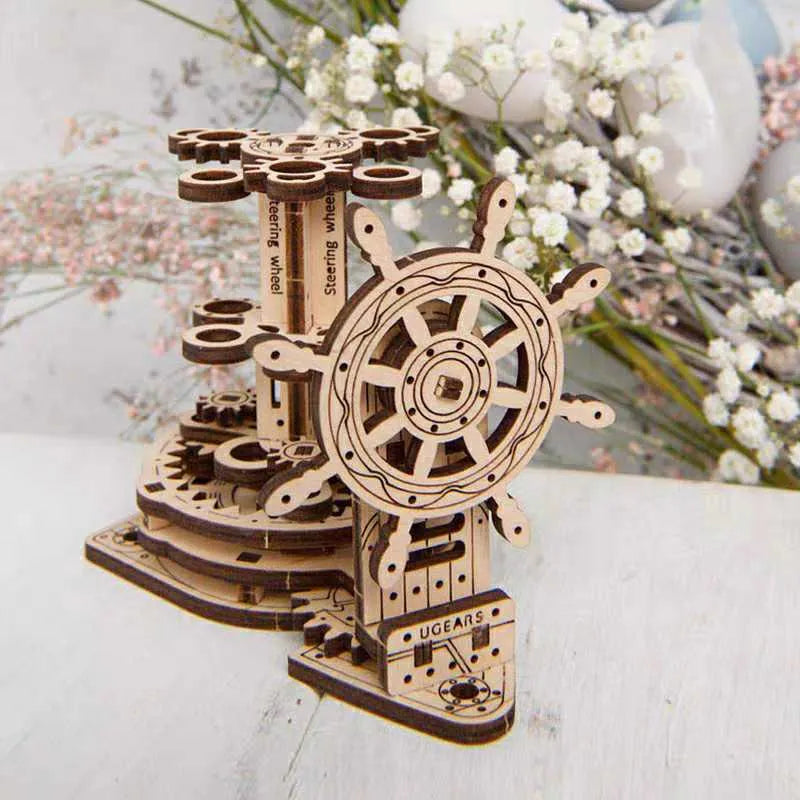 Ukrainian wooden desk pen holder with a steering wheel crank and rotating mechanism.
