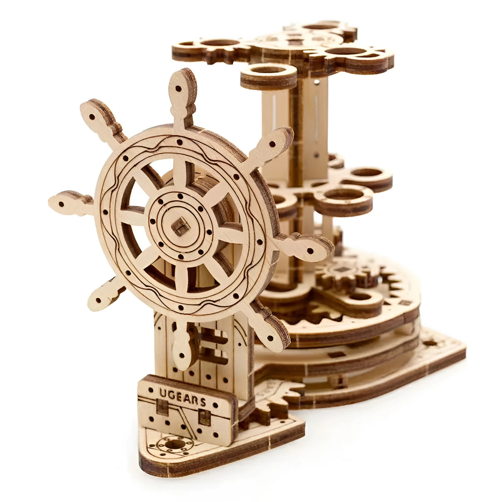 Ukrainian wooden desk pen holder with a steering wheel crank and rotating mechanism.