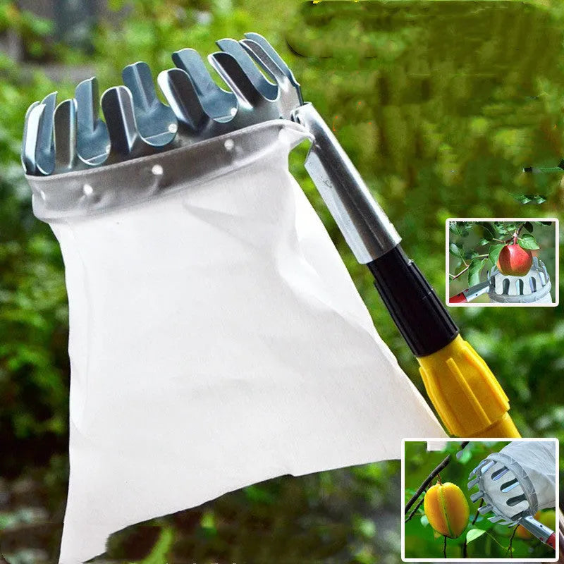 Steel frame fruit picker with cloth catcher bag for garden harvesting of citrus, pears, and peaches