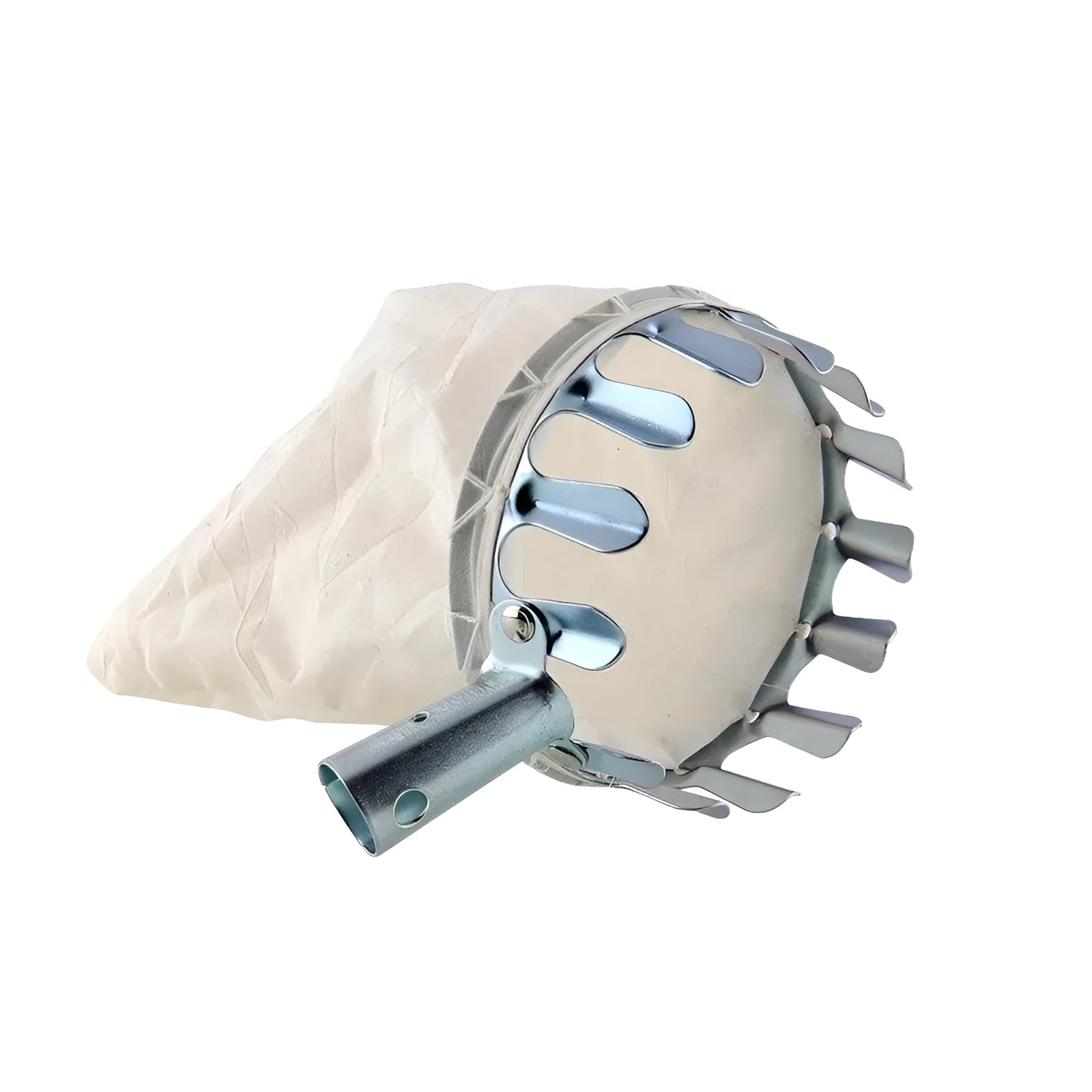 Steel frame fruit picker with cloth catcher bag for garden harvesting of citrus, pears, and peaches