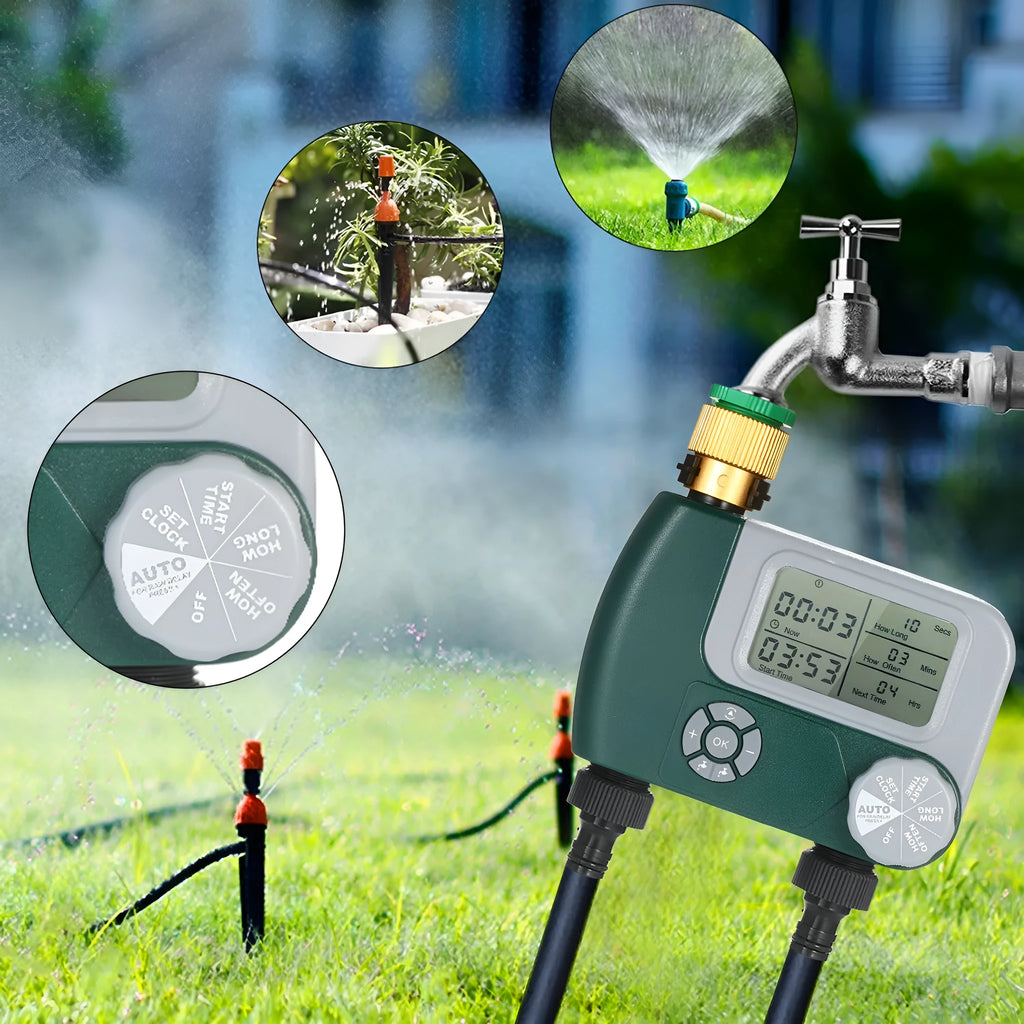 Green digital garden hose timer with large display and dial for automatic sprinkler programming