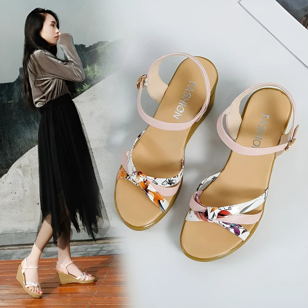 Women's pink wedge sandals with fish mouth design and thick heel