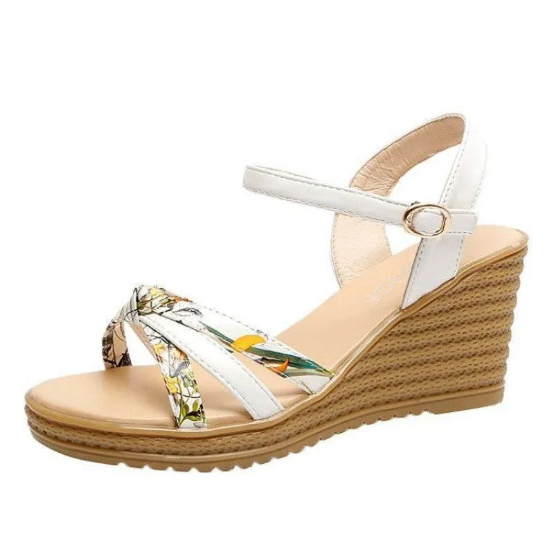 Women's pink wedge sandals with fish mouth design and thick heel