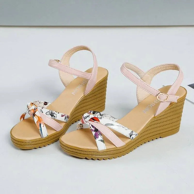 Women's pink wedge sandals with fish mouth design and thick heel