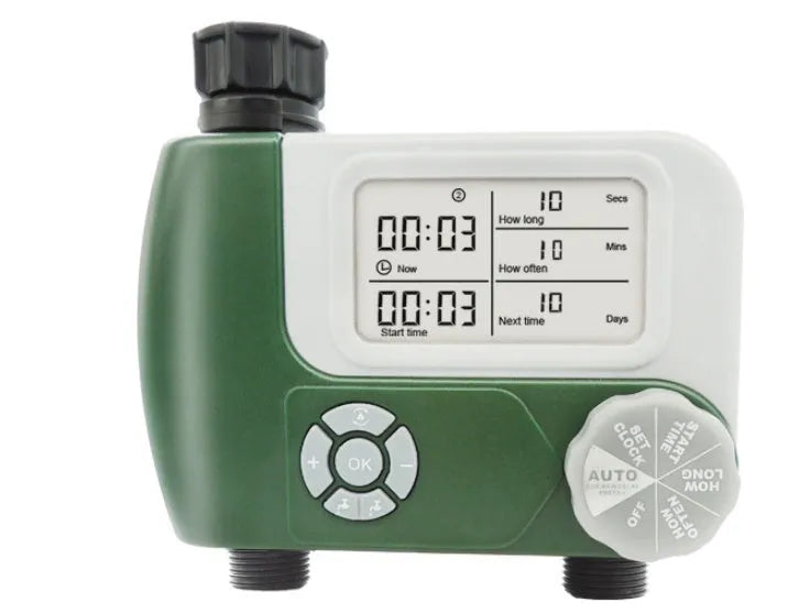 Green digital garden hose timer with large display and dial for automatic sprinkler programming
